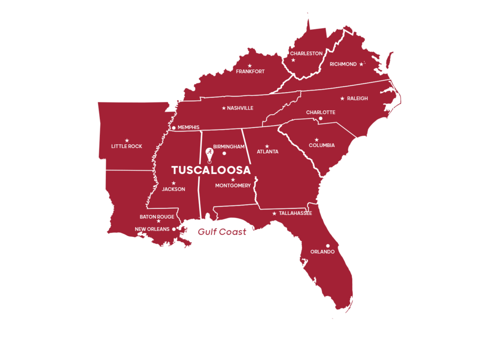 Regional map of the southeast. Tuscaloosa is in the center left part of Alabama